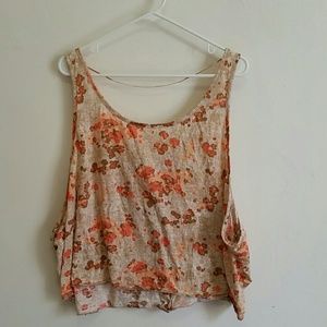 Inked & Faded Abstract Watercolor Orange & Tan Floral Print Cropped Muscle Tee